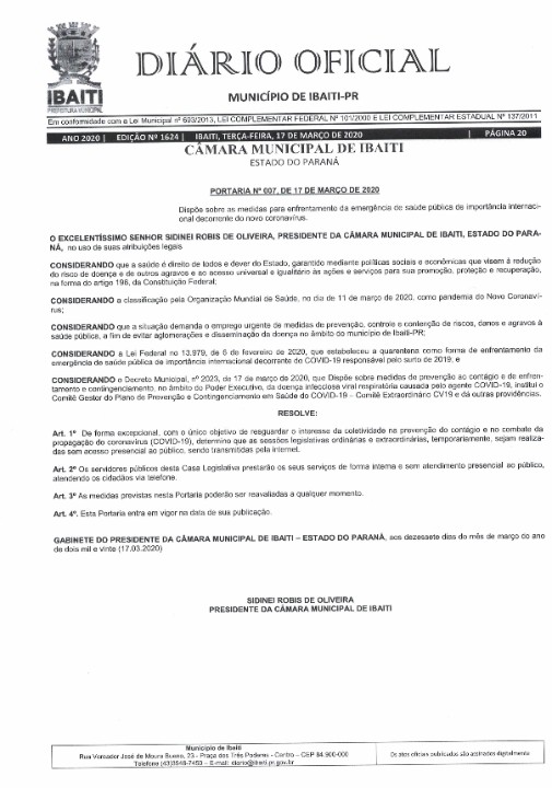 PORTARIA Nº 007 DE 17 DE MARÇO DE 2020 - SOBRE MEDIDAS DE ENFRENTAMENTO EMERGENCIAL DECORRENTE DO CORONAVÍRUS