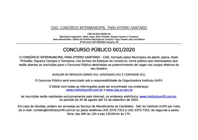 Concurso Público nº 001/2020 -  CIAS - CONSÓRCIO INTERMUNICIPAL PARA O ATERRO SANITÁRIO